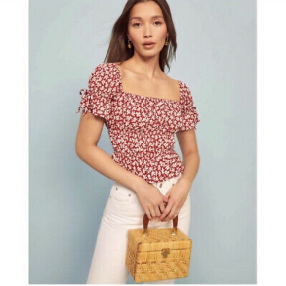 NWT Reformation Solis Top Red Floral Smocked Crop Sz: XL - Picture 7 of 9